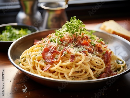 Chef s Spaghetti Carbonara Served for Dinner in a Cozy Diner
