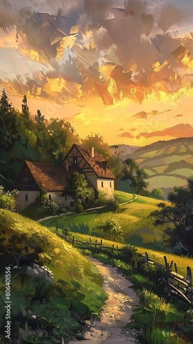 A beautiful landscape painting of a house in the countryside © Sataporn