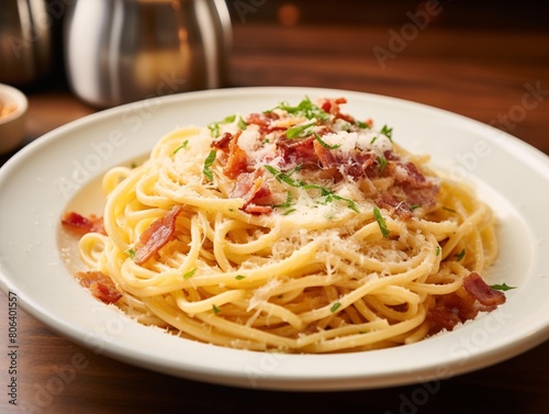 Chef's Spaghetti Carbonara Served for Dinner at a Cozy Restaurant