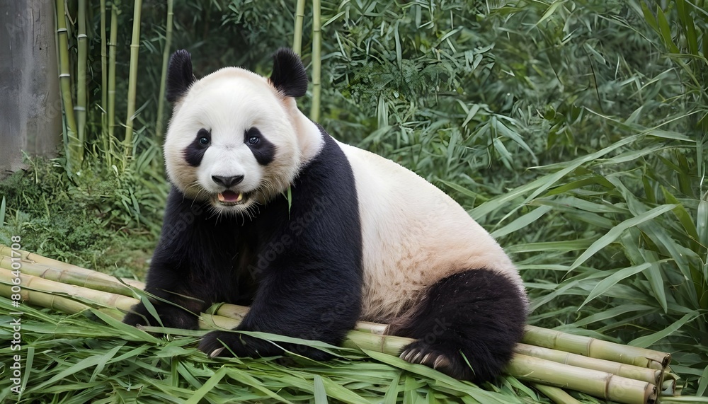 A Giant Panda Nibbling On A Bundle Of Bamboo
