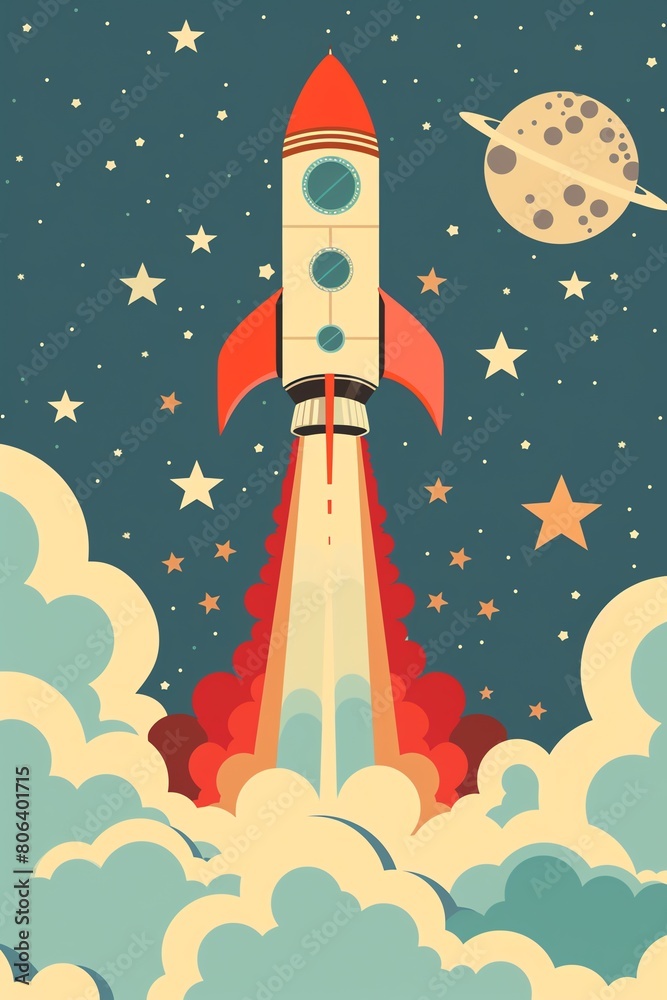 A retro rocket ship is taking off from a planet with a starry background.
