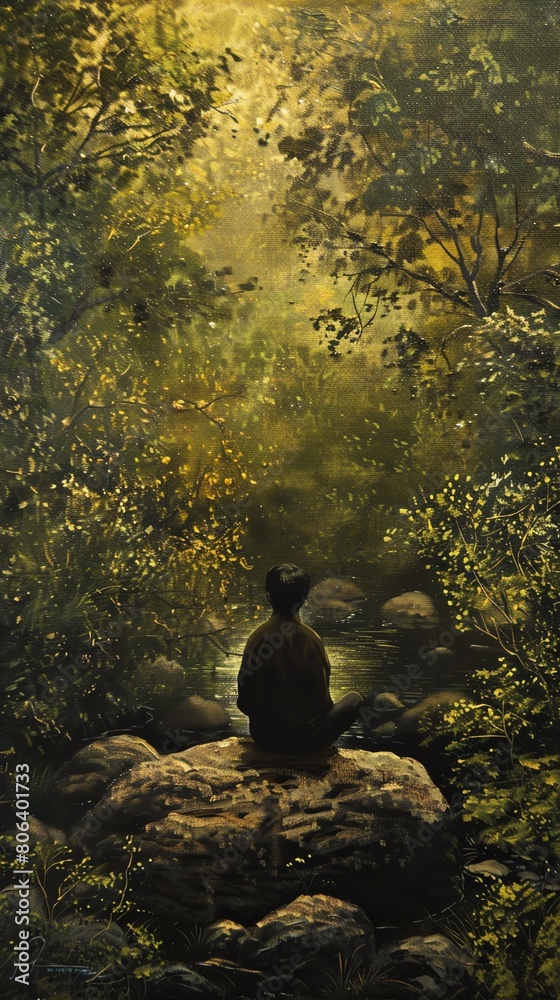 Obraz premium A lone figure sits on a rock in the middle of a forest