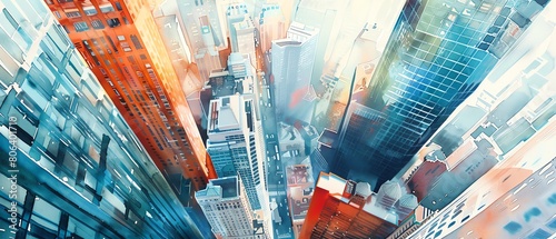An aerial view of a city with tall buildings reaching towards the sky. The colors are vibrant and the perspective is unique. The painting is full of energy and excitement.