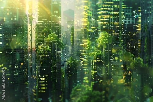 A beautiful painting of a futuristic city with green buildings and lush vegetation