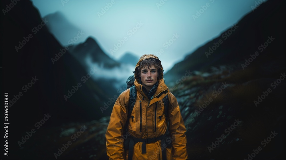 A portrait of a young Caucasian man with a mountain jacket and backpack, at high altitude, amid misty mountains, vegetation, fog, drizzle A portrait of a young Caucasian man with a mountain jacket and backpack, at high altitude, amid misty mountains, vegetation, fog, drizzle