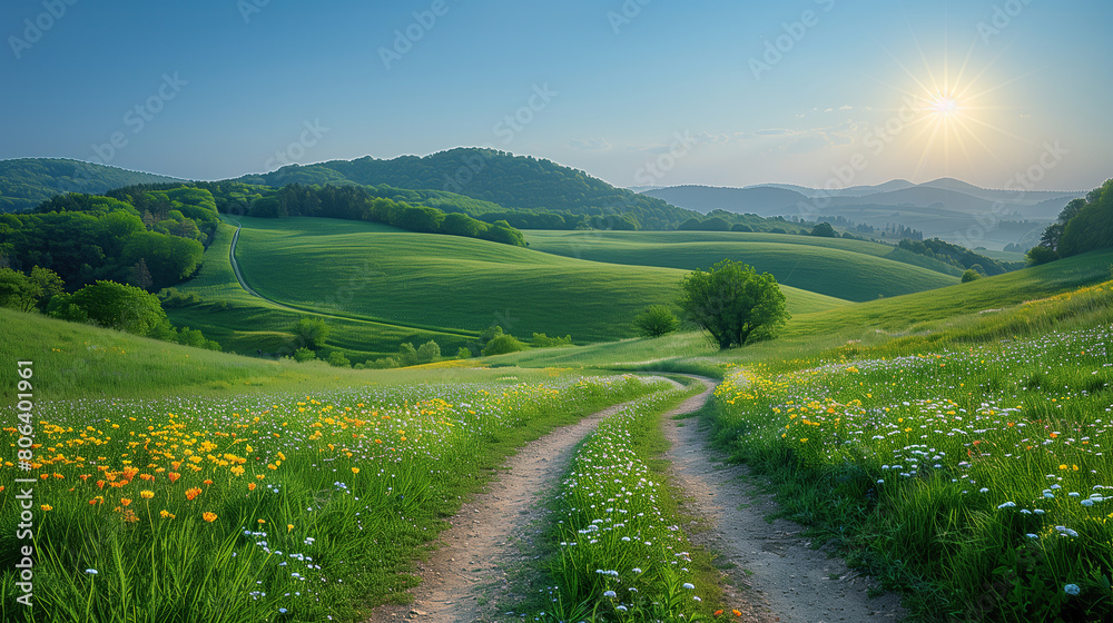 A panoramic landscape showcasing a lush green meadow bathed in the warm glow of the morning sun. Gentle rolling hills stretch towards the horizon, dotted with vibrant wildflowers. A panoramic landscape showcasing a lush green meadow bathed in the warm glow of the morning sun. Gentle rolling hills stretch towards the horizon, dotted with vibrant wildflowers.