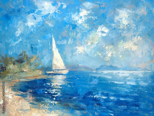 A sailboat glides across the tranquil blue ocean, its white sails billowing in the gentle breeze