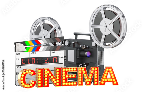 Filmmaking and film distribution concept. Cinema projector with clapperboard and cinema signboard from golden light bulb letters. 3D rendering isolated on transparent background