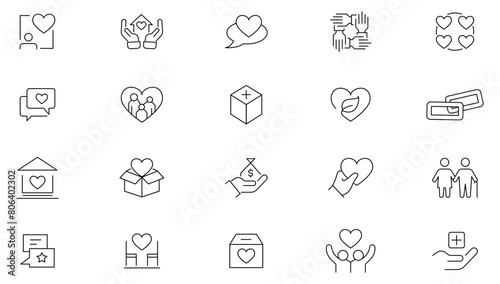 Charity and donation line icons set. Donate, charity, Giving, community, solidarity, trust, social care, NGO, helping hands, partnership, and help icon collection. Nonprofit organization icons.