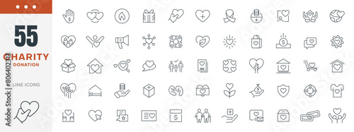 Charity and donation line icons set. Donate, charity, Giving, community, solidarity, trust, social care, NGO, helping hands, partnership, and help icon collection. Nonprofit organization icons.