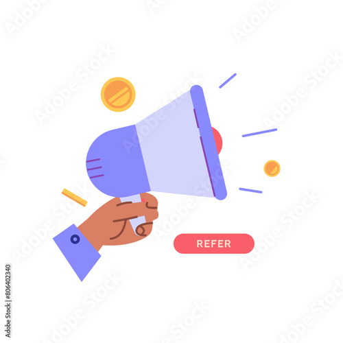 Concept of referral program, refer a friend service, sharing bonus with friends. Sign with holding hand in loyalty program earning gifts and money. Vector illustration in flat design for web banner