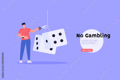 Concept of problem gambling, ludomania, behavioral addictions. Man addicted by betting suffering gambling addiction with playing dices. Vector illustration in flat design for web banner, UI