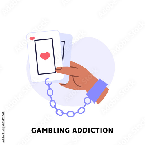 Concept of problem gambling, ludomania, behavioral addictions. Suffering gambling addiction with hand holding playing cards. Vector illustration in flat design for web