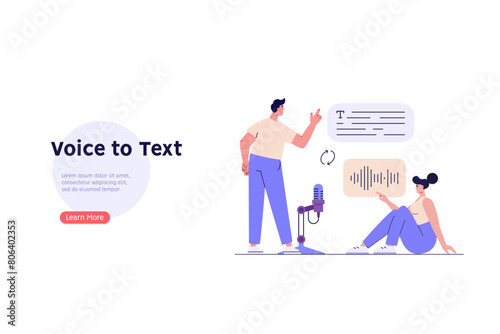 Concept of voice recognition, speech scanning, voice to text, speech recognition service. User recognizing voice and translating to text with speaker. Vector illustration in flat cartoon design