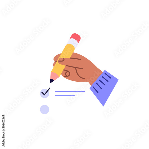 Hand with pen writing check mark. Concept of checklist, task done, success, right decision. Best choice hand gesture. Sign of request approved. Vector illustration in flat design for banner, UI