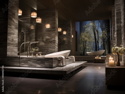 Evening Serenity in a Luxurious Bathroom Overlooking the Forest