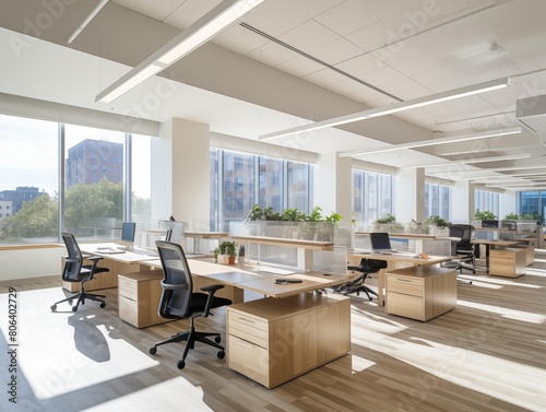 Employees' Desks Bathed in Morning Light at a Modern Office
