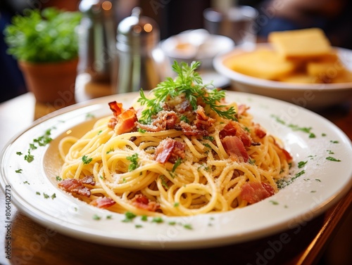 Diner enjoys spaghetti carbonara at a cozy restaurant