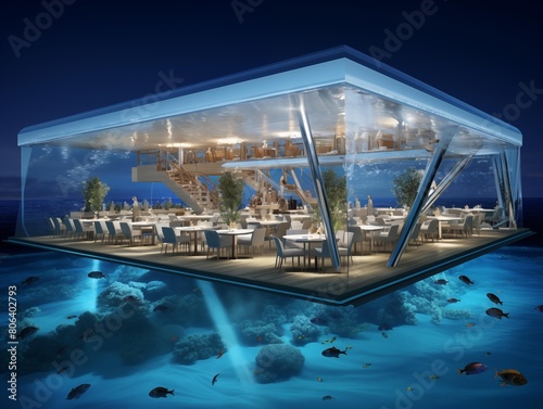 Diners Enjoy an Underwater Restaurant Experience at Night