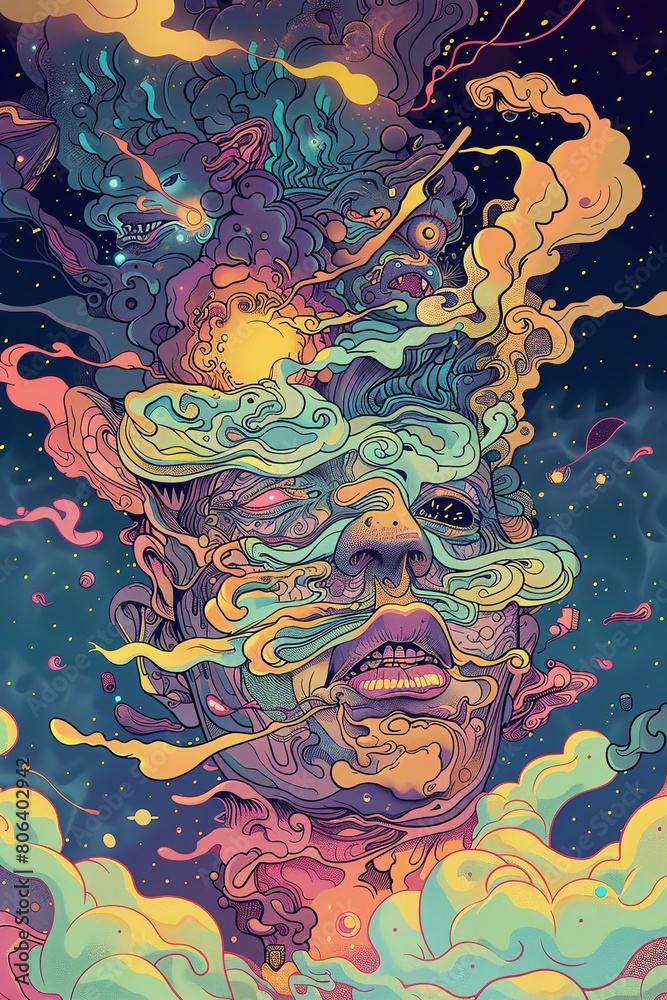 Neopsychedelic Explorations  Surreal illustrations of consciousness explorers navigating alternate dimensions to uncover new knowledge
