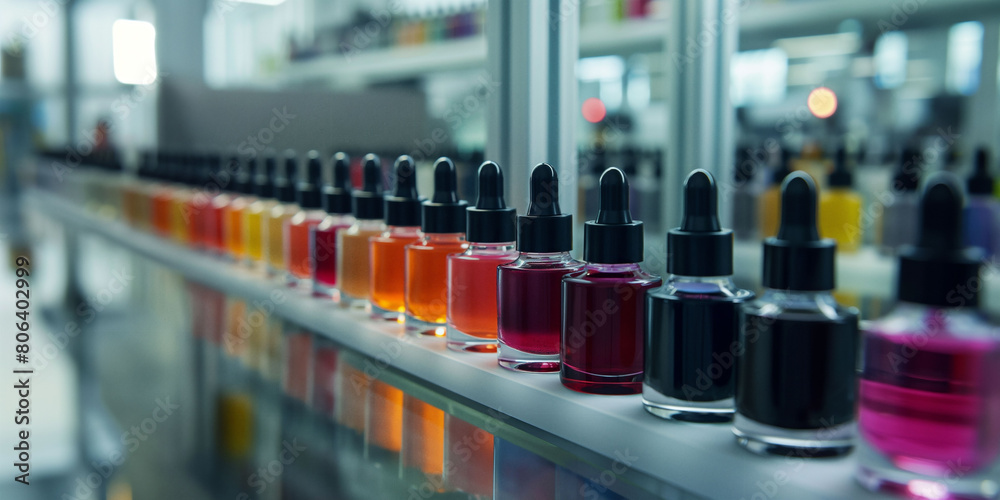 Rows of colorful essential oil or cuticle oil bottles in various colors are arranged on a conveyor belt in a production facility, products in a manufacturing setting. Precise industrial processes