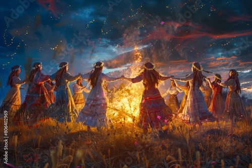 Great bonfire. Ivana kupala illustration. Night meadow celebration. Summer Solstice Day illustration. Saint Johns Day illustration. Ivana Kupala night meadow celebration