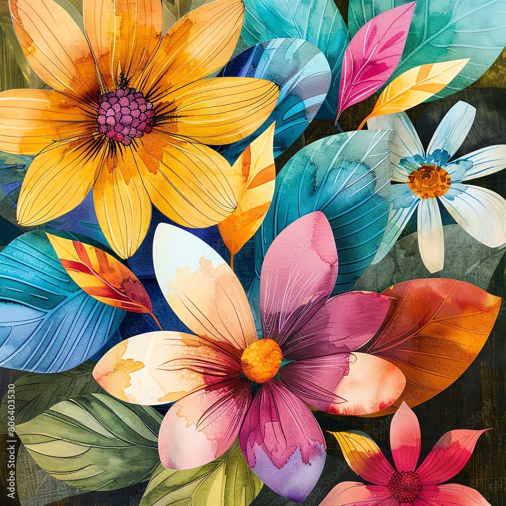 custom made wallpaper toronto digitalVibrant watercolor painting of colorful flowers and leaves. Yellow, pink, blue, and green colors. Loose painterly style. Suitable for home decor, fabric, and stationery.