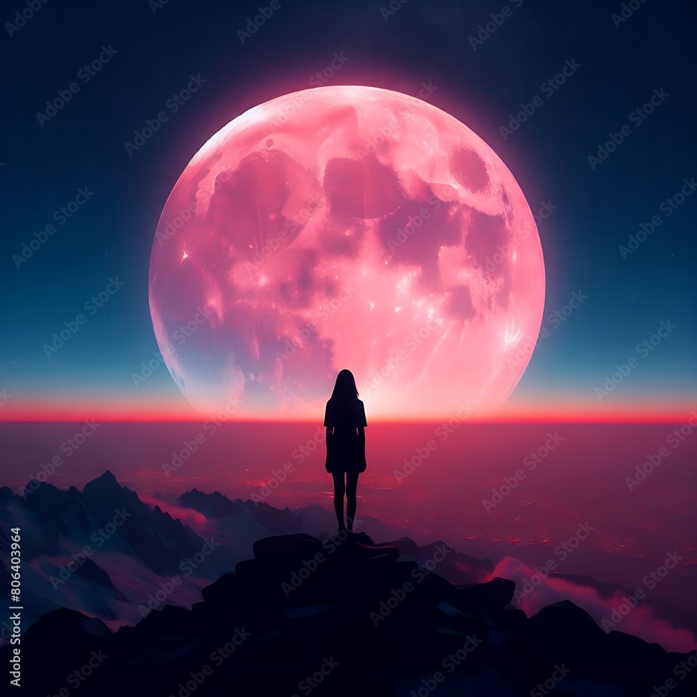 A lone figure stands before a huge, ethereal pink moon rising over calm waters under a starry sky A lone figure stands before a huge, ethereal pink moon rising over calm waters under a starry sky