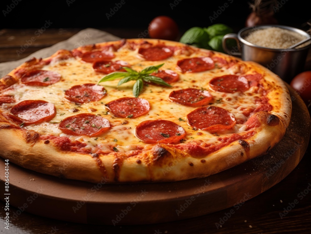 Fresh Pepperoni Pizza Served on Wooden Table in Pizzeria
