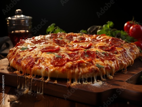 Freshly Baked Pepperoni Pizza on Wooden Table at Dinner Time