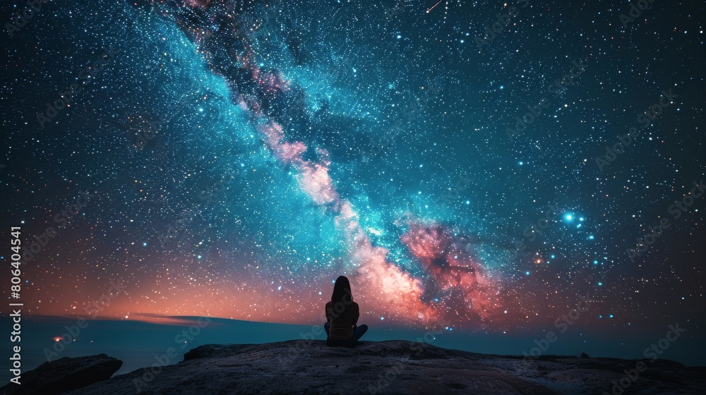 Man Standing on Hill Under Starry Night Sky
