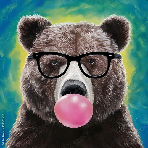 Bear Blowing Bubble Gum In Glasses with green background