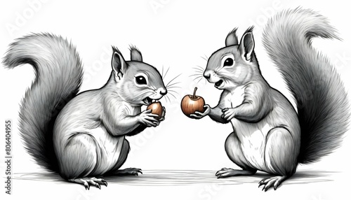 A Cute Cartoon Sketch Of A Squirrel Sharing An Aco photo