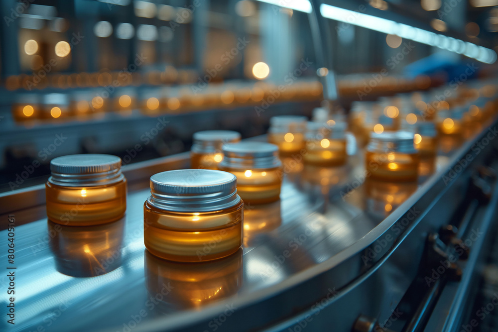 Clear skincare jars with golden lids travel on a curved conveyor belt in a cosmetics production facility, emphasizing precision and luxury in product handling Clear skincare jars with golden lids travel on a curved conveyor belt in a cosmetics production facility, emphasizing precision and luxury in product handling