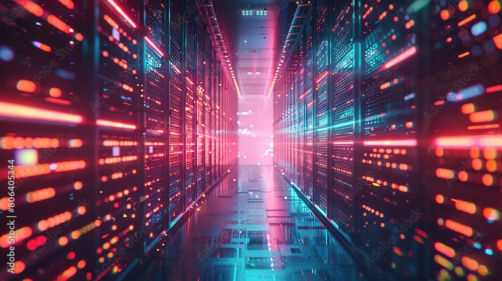 Fototapeta premium Rack Server on server room Data center, server room security, data center server, web host warehouse data server cabinets network storage database.