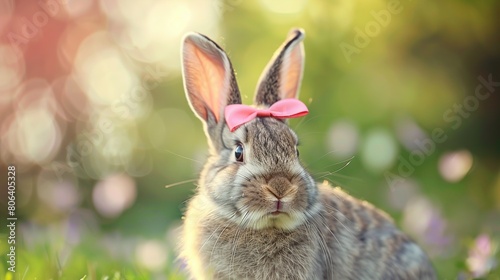 Cute rabbit girl with pink bow on head on beautiful day. Generative Ai