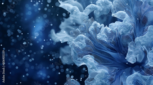 A blue flower with a lot of snowflakes surrounding it photo