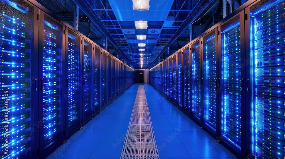 Obraz premium Rack Server on server room Data center, server room security, data center server, web host warehouse data server cabinets network storage database.