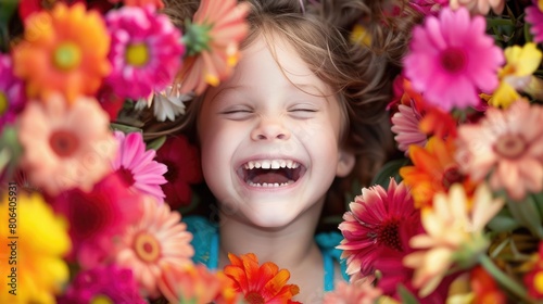 A young girl is beaming with a smile surrounded by vibrant flowers. The colorful petals cascade around her, creating a beautiful botanical scene perfect for a photograph AIG50