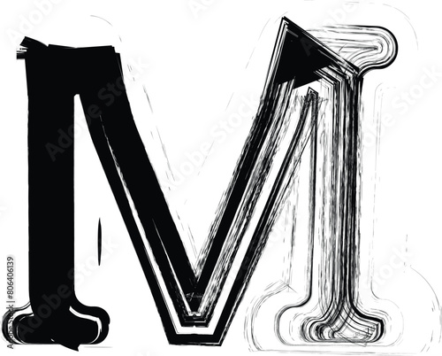 Textured font with an eroded rough letterpress print texture. Unique design font. Letter M