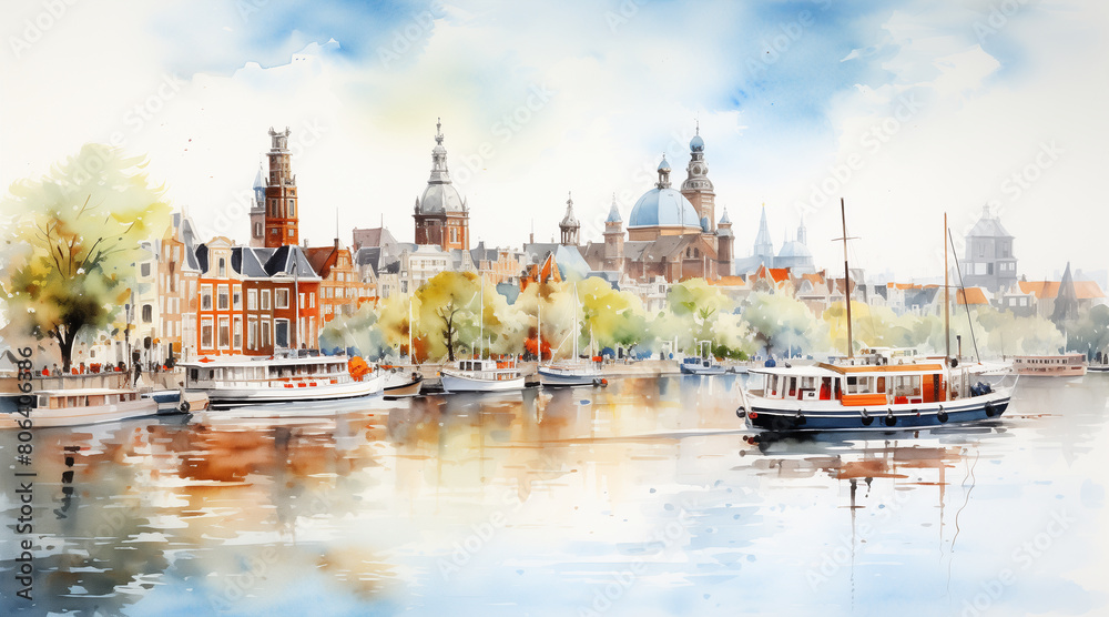 Watercolor cityscape of the city of Amsterdam, capital of the Netherlands (Europe), on the banks of the Amstel river Watercolor cityscape of the city of Amsterdam, capital of the Netherlands (Europe), on the banks of the Amstel river