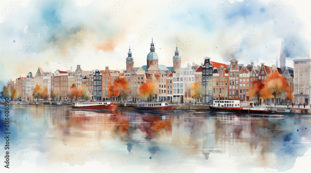 Obraz premium Watercolor cityscape of the city of Amsterdam, capital of the Netherlands (Europe), on the banks of the Amstel river