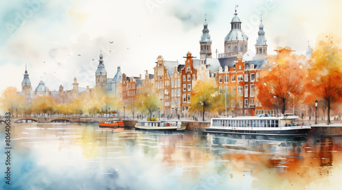 Watercolor cityscape of the city of Amsterdam, capital of the Netherlands (Europe), on the banks of the Amstel river photo