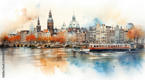 Watercolor cityscape of the city of Amsterdam, capital of the Netherlands (Europe), on the banks of the Amstel river