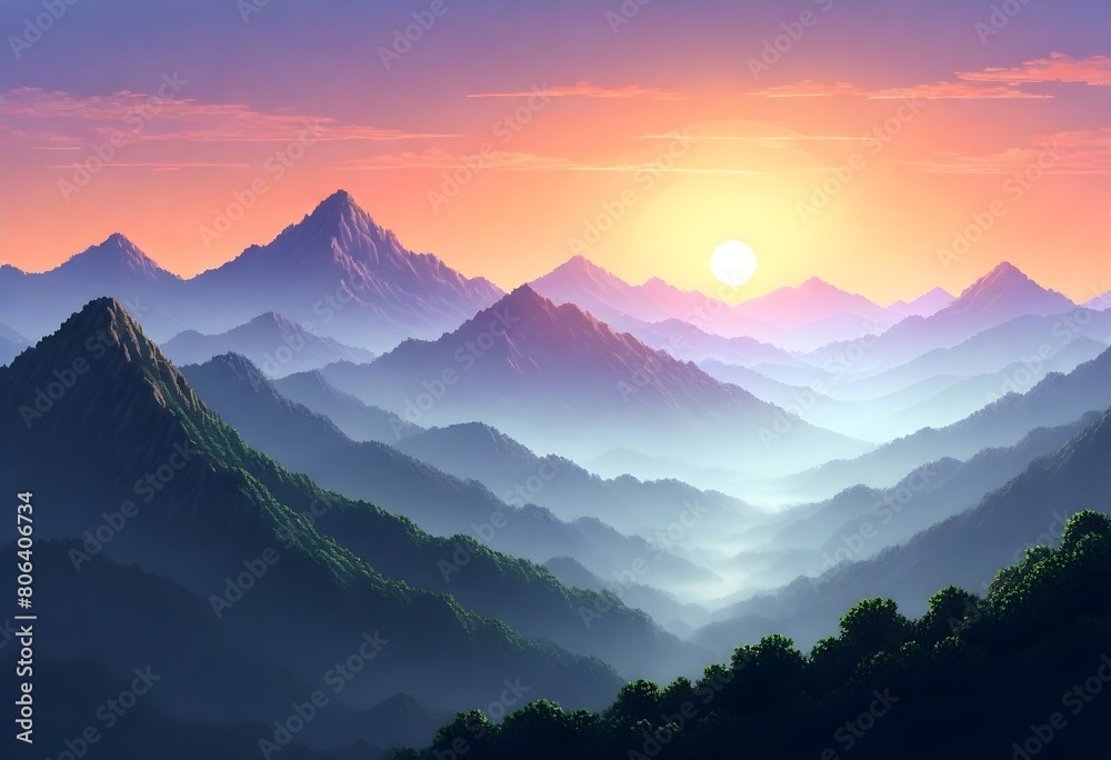 pixel art Invigorating morning sunrise over a mist (4)