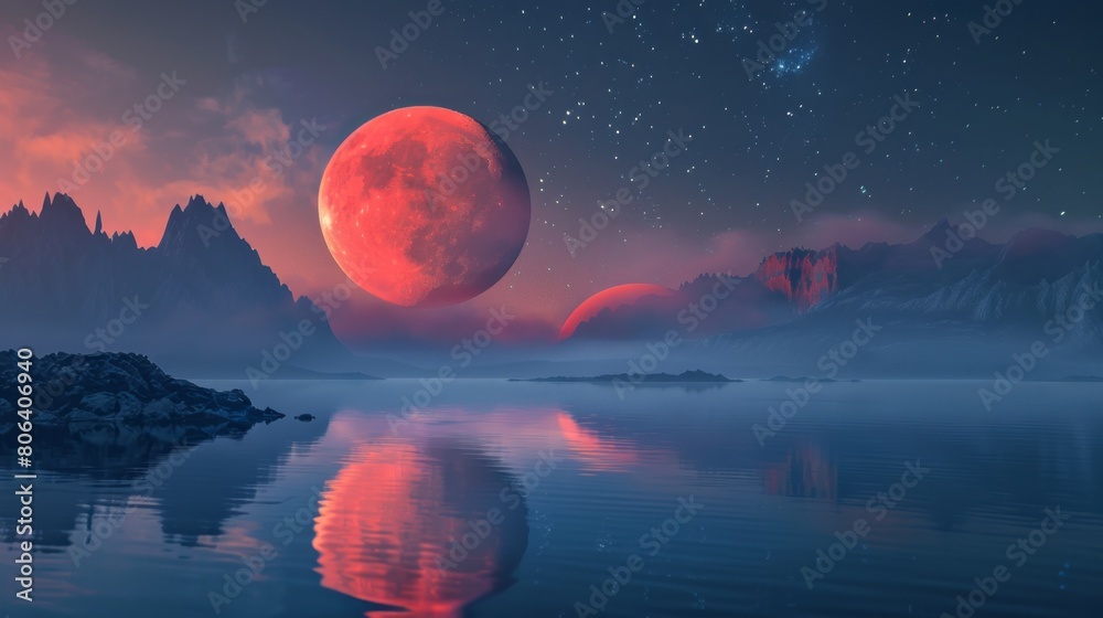 Fantasy night landscape, red moon. Fantasy night landscape, red moon.