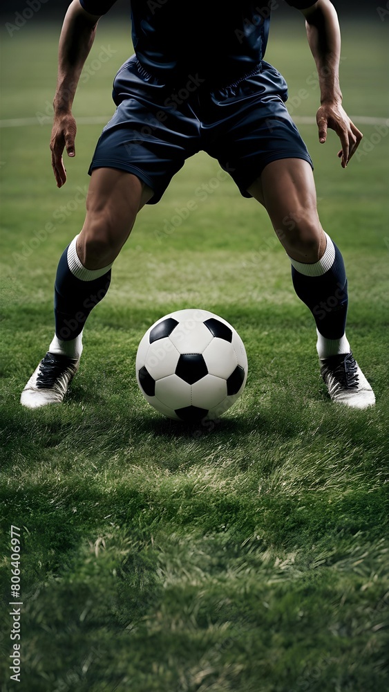 A soccer player dribbling a classic black and white ball, wearing dark shorts, white socks, and sports shoes, with focus on legs and ball, background blurred.