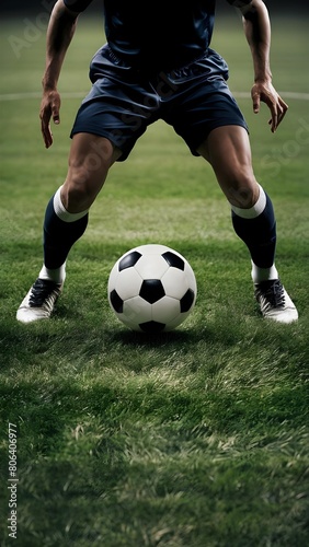 A soccer player dribbling a classic black and white ball, wearing dark shorts, white socks, and sports shoes, with focus on legs and ball, background blurred.