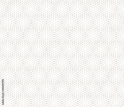 Vector minimalist geometric seamless pattern with hexagons, rhombuses, cubic grid, lattice, mesh, net. Subtle beige and white abstract background texture. Simple repeated geo design for print, decor