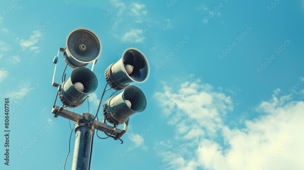 Loudspeakers on pole, alarm siren in city. Two public address system speakers